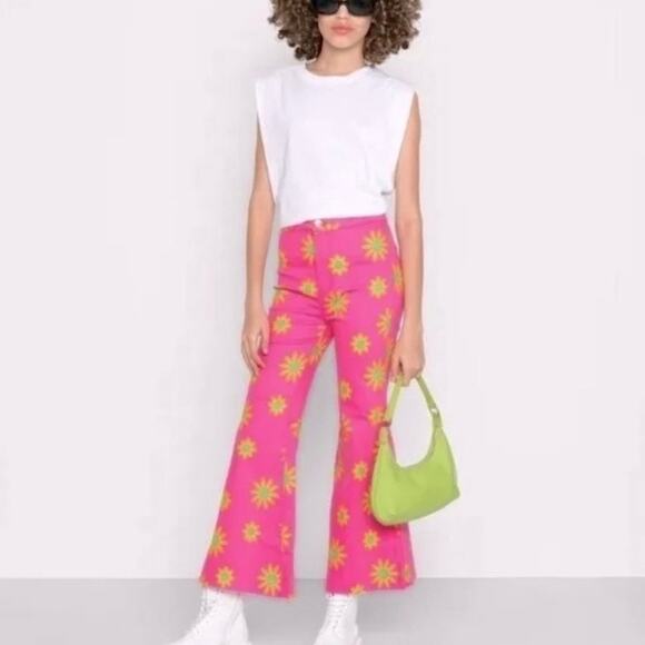 Free People Pants - Free People Pink Floral Youthquake Wide Leg Crop Pants Sz.30 NWT